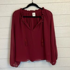 MISA Los Angeles Women's Maroon Sheer Lined Long Sleeve Blouse with Tassels Sz M